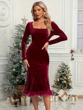 Plush Hem Square Neck Long Sleeve Dress Burgundy OutfitFlow